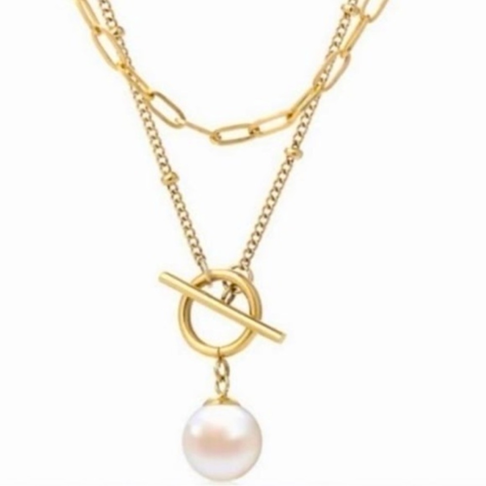 Free People Multi-Chain paperclip Pearl Necklace Set gold